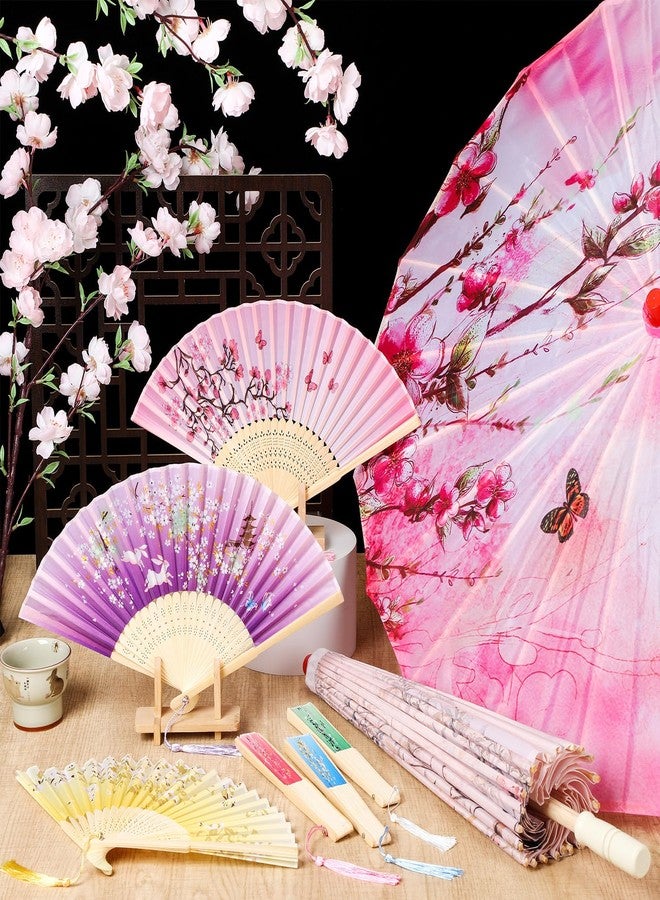 Dansydaisy 12 Pcs 32 in Oiled Paper Umbrella Folding Fan Set Chinese Japanese Parasol for Wedding Floral Umbrella and Paper Fan for Bridal Party Supplies Home Decor - Image 4